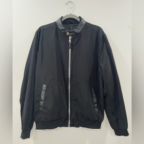 Black Bomber‎ Jacket Faux Leather Trim Full Zip Casual Lightweight Coat Large - Picture 1 of 12